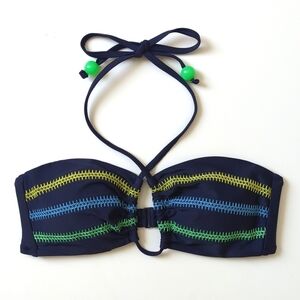 Aerie Classic Embroidered Halterneck Keyhole Bandeau Swimsuit Bikini Top Navy M